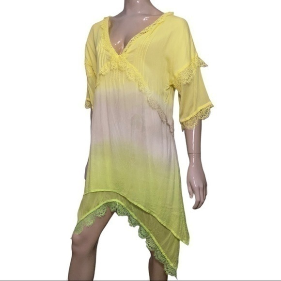 Pink Memories Women’s Size 42 L Yellow Green Tan Tie Dye Lace Trimmed Dress - Picture 4 of 8